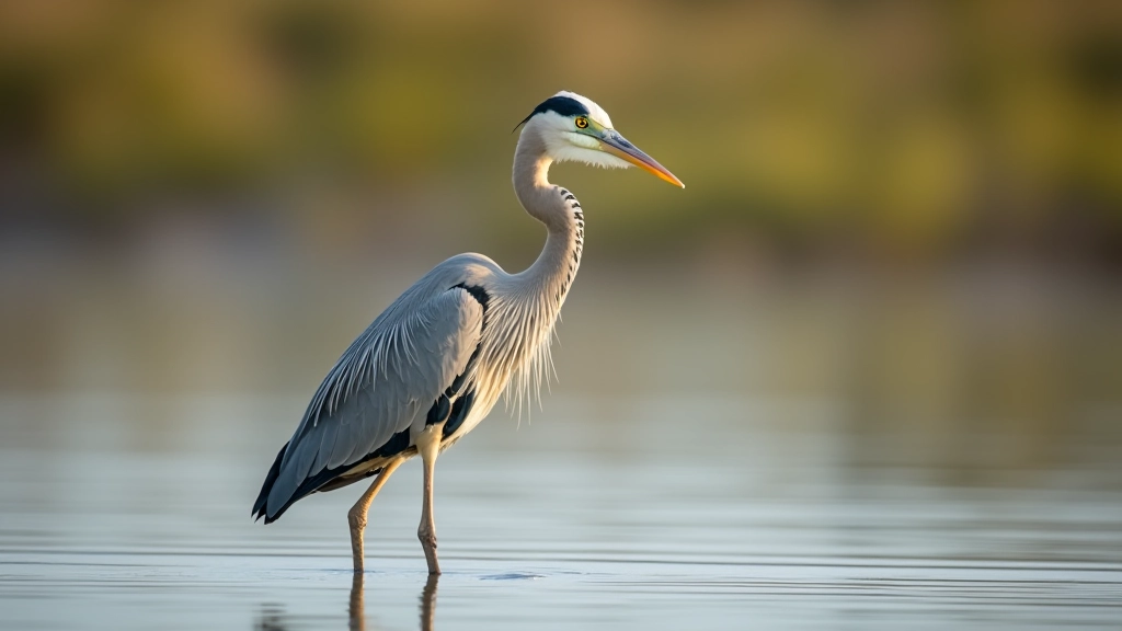 Garza Azul Mayor parada en aguas poco profundas, penacho visible, luz matutina en el humedal de Boquerón