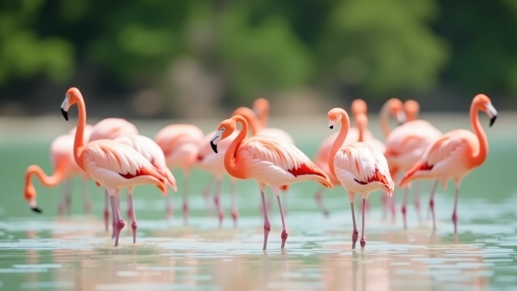Flamencos rosados en laguna salada, agua clara reflejando luz del día, humedal tropical